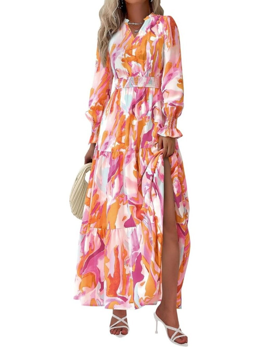 Prettygarden Women's Floral Brown Purple V Neck A Line Flowy Maxi Long Dress